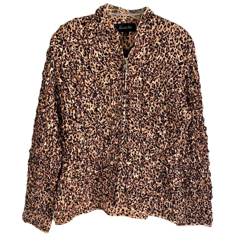 Scarlett Nite Textured Lightweight Leopard Pattern Sequined Zip Up Large